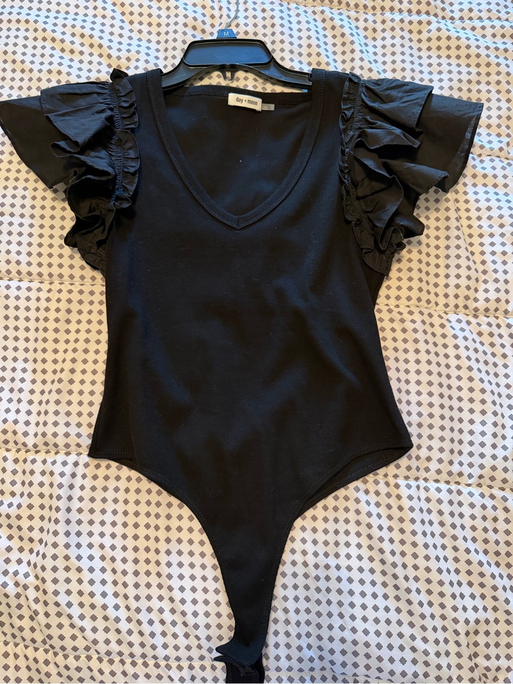 day + mood Black Ruffle Sleeve V-Neck Bodysuit